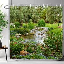 Lauko vaizdingo miško dušo užuolaida su kabliukais Žali augalai Medis Krioklio kraštovaizdis Vandeniui atsparios dušo užuolaidos Vonios dekoras 90x180cm-35x70in black