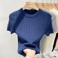Women's Apricot Short-Sleeve Knit Top, Slim Cable Design, Summer 2025 Collection One Size: Recommended for 80-130 jin karališkos mėlynos spalvos