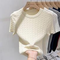 Women's Apricot Short-Sleeve Knit Top, Slim Cable Design, Summer 2025 Collection One Size: Recommended for 80-130 jin abrikosas