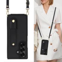 Kryžinė telefono dėklas Samsung Galaxy Z Fold 7 Fold6 5 4, odinis, metalinis užsegimas, riešo dirželis, kortelių laikiklis, piniginės dangtelis su dirželiu Galaxy Z Fold7 juoda