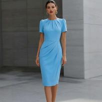 Moteriška midi suknelė su pūstomis rankovėmis ir suraukta juosmens dalimi, apvaliu kaklu, oficiali biuro bodycon suknelė, S-2XL XL mėlyna