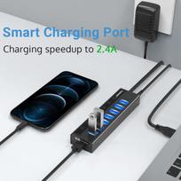 Aktyvus Usb 3.0 šakotuvas su maitinimo šaltiniu, Zamus 7 prievadų Usb 3.0 duomenų šakotuvas su 1 išmaniuoju įkrovimo prievadu, Usb prailginimu ir vienu išjungimo jungikliu bei 5 V/3 A maitinimo šaltiniu