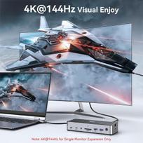 Usb c dokstotis 3 monitoriams nešiojamam kompiuteriui usb c dokas dvigubam monitoriui su 2 hdmi displayport 4k144hz, usb a 2.0/3.0, usb c 3.1 10gbps ir 30w išvestis, ethernet, microsd ir sd, audio ir mic, 150w dc maitinimas