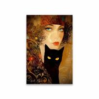 Gustav Klimt Moteris ir katė Spaudos plakatas Juoda katė Menas Klimto Sienos menas Gėlių spaudinys Elegantiška moteris Drobės tapyba Katės meno dekoras 40X60CM No Framed