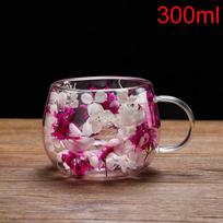 1 vnt. dekoratyvus pieno arbatos puodelis su džiovintomis gėlėmis 150/300 ml dvigubo sluoksnio stiklinis puodelis su džiovintomis gėlėmis, atsparus aukštai temperatūrai, kavos puodelis A4