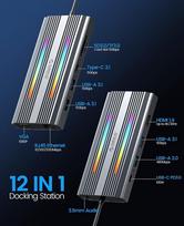 Orico 12-in-1 usb c dokas, 4k hdmi, 1080p vga, 100w pd, 5gbps usb 3.0, 100w pd, ethernet, 5 usb duomenų prievadai, sd/tf, audio, 14 rgb apšvietimo režimų, suderinamas su windows/mac os