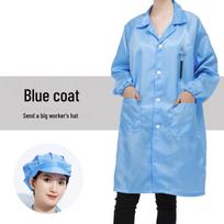 Antistatinis, be dulkių, apsauginis darbo chalatas mėlynos/baltos spalvos, skirtas elektronikos ir maisto pramonei - Unisex L; Blue Button Coat + Large Hat white