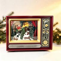 Retro televizoriaus Kalėdų muzikinė dėžutė Ornamentas: Šviečianti snieguota šventinė dekoracija Dovanų Dark Red Frame + Santa with Reindeer