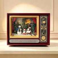 Retro televizoriaus Kalėdų muzikinė dėžutė Ornamentas: Šviečianti snieguota šventinė dekoracija Dovanų Dark Red Frame + Santa with Reindeer