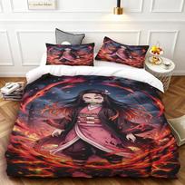 Nezuko Duvet Cover Demon Slayer Tanjiro Cartoon Bedding Set for Comfortable and Breathable Queen King Bedroom Decor 140*200cm/55x79in Single/Twin 3pcs gray