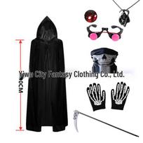 Helovino šviečiantis tamsiai Žuvintojo kostiumas su raudonakiu kaukolės veido kauke, apsiaustu, pirštinėmis ir dalgiu vaikams ir suaugusiems One Size black