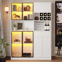 140x30x200cm Vitrina, Pastatoma su 1 stalčiumi 7 durelėmis, Stiklinė spintelė su LED apšvietimu, Daugiafunkcinė spintelė su 6 vyno lentynomis, Balta 140 x 30 x 200 cm balta