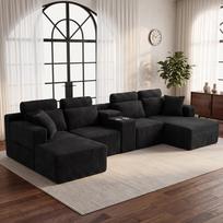 147 colių U formos modulinė kampinė sofa, didelė moderni „debesų“ sofa svetainei, įmontuoti puodelių laikikliai, be rėmo suspaudžiama sofa 372 x 151 x 80 cm juoda