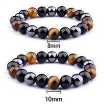 Triguba apsauga apyrankė moterims vyrams su natūraliais tigro akies, hematito ir juodojo obsidiano akmenimis, gydomojo kristalo apyrankė 8mm/1pc black