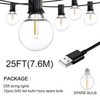 100/50/25 pėdų USB LED šviestuvai 5V 1W G40 plastikinė lemputė, vandeniui atspari lauko palapinė Fėjos kiemo šventės styginių šviesų vestuvių dekoras black