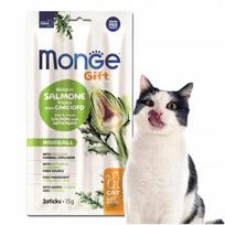 Lakštiniai kačių skanėstai Monge Gift su lašiša nuo plaukų kamuoliukų, 15 g
