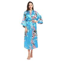 Moteriški šilko satino kimono chalatai, ilgi naktiniai drabužiai, chalatai, gėlių rašto, povo rašto, vakarėlių vestuvių pamergių chalatas M rūgščios mėlynos spalvos