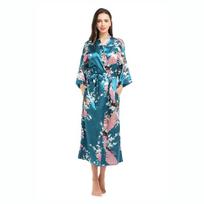 Moteriški šilko satino kimono chalatai, ilgi naktiniai drabužiai, chalatai, gėlių rašto, povo rašto, vakarėlių vestuvių pamergių chalatas XL povo mėlyna spalva
