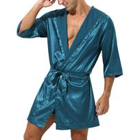 Vyriški satino atviri chalatai, lengvi miegui skirti kimono chalatas su puse rankovių XL žalsvai mėlyna