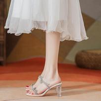 French Rhinestone Double Strap Sandals Women Summer fairy Style High Heeled Transparent Crystal Outer Wear Thick Heeled Sandals 36 smėlis