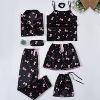 Keturių sezonų dėvimas vaikiškas dryžuotas pižamos rinkinys iš imituoto šilko - 7 dalys Size 140 black