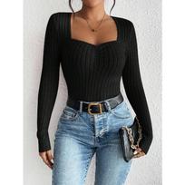 Casual Slim Fit Squared Collar Women Knitted Bottoming T-shirt Folds Spring Autumn Shits Female Blouse Solid Color Fashion Elegant Office Simple Tops XL juoda