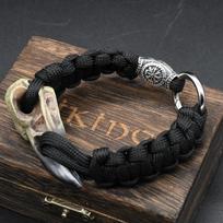 Odin Varnos Kaulo Apyrankė su Erelio Galvos Pakabuku Rūninis Karoliukas Paracord Virvelė Šiaurės Valknut Amuletas Papuošalas Dovana Vyrams length 25cm black