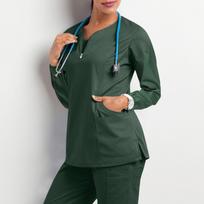 Moteriškas ilgomis rankovėmis medicininis chalatas su užtrauktuku prie kaklo, tampraus audinio, su dviem kišenėmis, patogūs darbo drabužiai medicinos darbuotojams M black