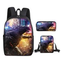 2021 Godzilla karai King Kong mokyklinė kuprinė Trijų dalių komplektas Pradinių ir vidurinių mokyklų moksleiviams Spausdinta kuprinė Animacinė mokyklinė kuprinė single-layer backpack black