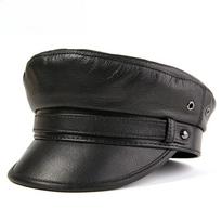 100% avikailio karinė kepurė - XXL natūralios odos plokščia viršūne vyrams/moterims, vintažinio roko stiliaus unisex galvos apdangalas, kapitono kepurė 57-58cm black