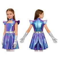 Vaikų mergaičių ateivio kostiumas Cosplay, su išpjovomis, skraidančiomis rankovėmis, metalinis A formos suknelės su pirštinėmis, Helovino, robotų, kosmoso vakarėliui 8 vaivorykštė