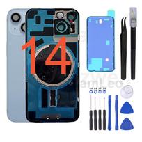 1 rinkinys OEM galinio stiklo keitimas, skirtas iPhone 14 galiniam dangteliui, su vandeniui atspariu sandarikliu, magnetu, kameros objektyvu ir įrankiais, skirtas 14 6.1 2 in 1 vidurnaktis