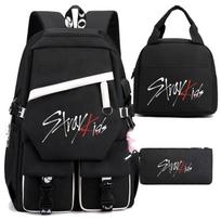 Stray Kids Kombinuotas suvenyras su kuprine, pietų krepšiu, pieštukine, trijų dalių rinkinys, studento krepšys One size fits all black