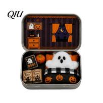 Mini Fairy Tale Book Gift Halloween Tin Box Gift, Plush Ghost with Haunted House Pumpkin Lantern Set Scene, Collectible Micro Theater for Kids, Party