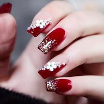 Secret Lives Premium Press on Nails Reusable Artifical Fake Nails Extension Wine Red Color with White 3d Flower & Golden Pearls 24 Pieces Set with gray