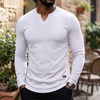 Men's V-Neck Ribbed Long Sleeve T-Shirt Color Casual Top XL white