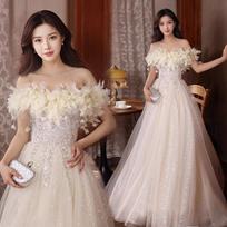 Fairy Petals Shoulder Champagne High Sense Princess Bride Engagement Birthday Art Exam Bar Mitzvah Wedding Dress XS balta