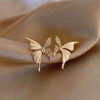 Super fairy butterfly love flower pink opal earrings women's new full diamond butterfly stud earrings temperament light luxury earrings balta