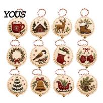 DIY Felt Gingerbread Man Ornaments Christmas Embroidery Ornament Kit, Hand Sewing Yarn Craft Holiday Handicraft Material Package Hanging Decorations beige