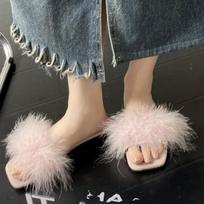 Women's 2026 Summer Fairy Style Furry Slippers - Girly Korean One-Strap Slides, Versatile with Skirts 40 gray