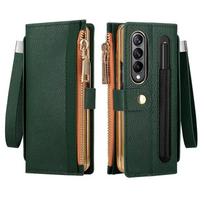 For Samsung Galaxy Z Fold 7 6 5 4 3 8 Leather Wallet Case Card Slot Zipper Flip Cover With S Pen Slot Screen Protector Wristband For Galaxy Z Fold 8 žalia