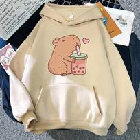 Kawaii Bubble Tea Capybara Hoodie Moteriška Estetinė Grafika Juokingi Megztiniai Unisex Rudens Žiemos Harajuku Megztiniai Megztiniai 3XL beige