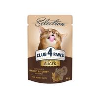Visavertis konservuotas pašaras suaugusioms katėms CLUB 4 PAWS PREMIUM SELECTION su triušiena ir kalakutiena, 80 g x 12