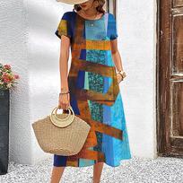 Vasarinės trumparankovės suknelės Klasikinės spalvų dermės Moteriški drabužiai Ilga suknelė 3D tie-dye moteriški drabužiai Laisvas apvalios kaklo megztinis 5XL blue