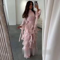 LYRIA Blizgantis Klostuotas Hemas Maxi Suknelė A formos Ilgomis Rankovėmis Slim Fit Šventinė Ilga Suknelė Nėriniai Club Vestidos Moteriškos Suknelės L rožinė
