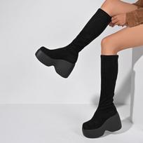 Madingi moteriški batai Dizainerio pleištai Platforminiai batai Madingi laisvalaikio odiniai batai moterims Prabangūs iki kelių ilgio batai Komfortiški Elastingi Botas 40 black