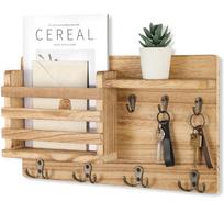 Pašto organizatorius sienai, rustic medienos, su raktų kabliukais, prieškambario, sodybos dekoras, laiškų rūšiuotuvas su plaukiojančia lentyna beige