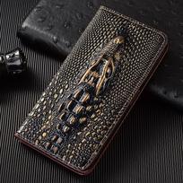 Originalios odos Krokodilo 3D galvos atverčiamas dėklas iPhone 17 16 16E 15 14 13 12 11 8 X XS XR Pro Max Plus, su kortelių lizdais, piniginės dangtelis Genuine Leather&iPhone 11 auksas