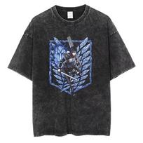 Anime Attack on Titan Levi Graphic Washed T Shirt Men Vintage Cotton T-shirts Casual Manga TShirt Male Tops S gray