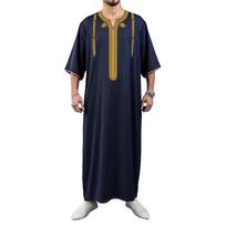 Vidurio Rytų Arabiškas Chalatas Vyrams Vidutinio Ilgio Rankovėmis Siuvinėtas Raudonas Musulmoniškas Islamo Maldos Drabužis Tradicinis Dishdasha Thobe Jubba Kandura L tamsiai mėlyna spalva